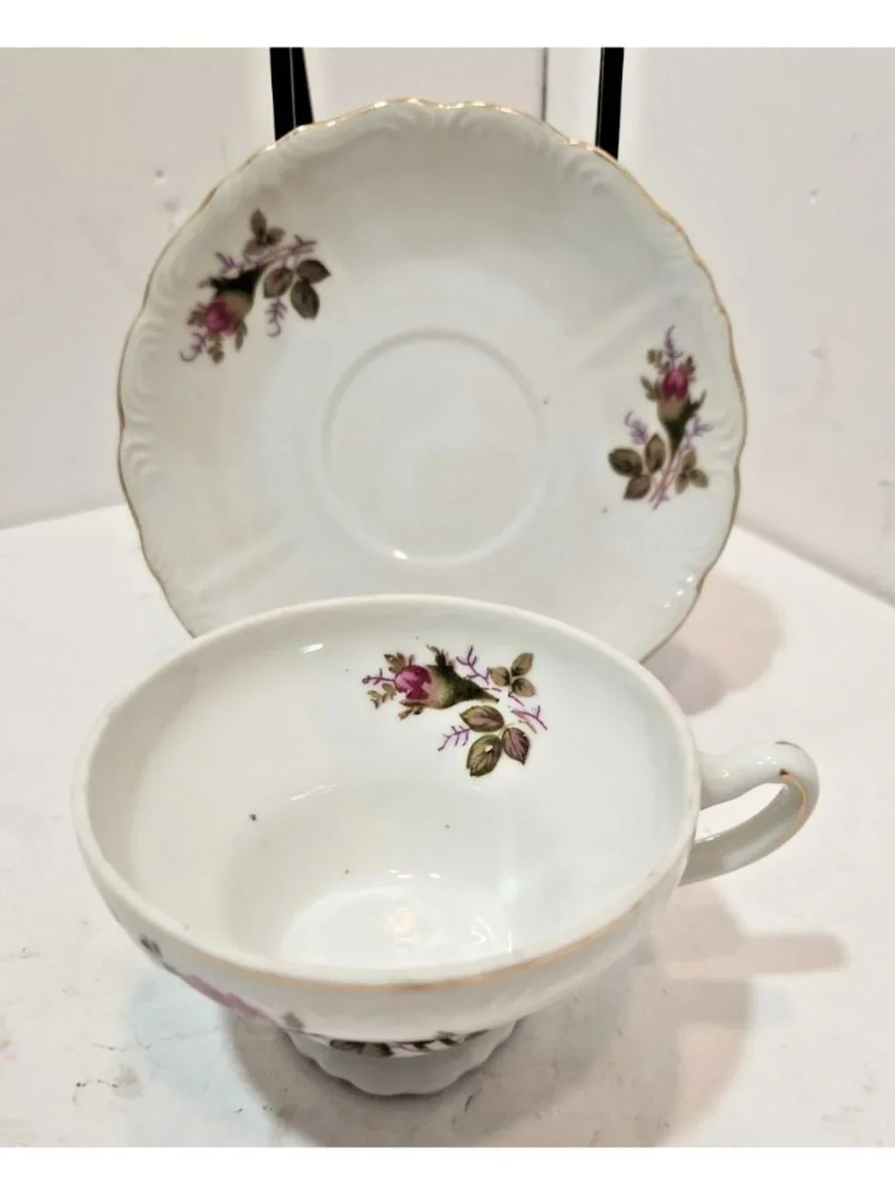 Vintage Japan Tea Cup and Saucer Flower Pink Rose With Gold Tone Rim Set of 3